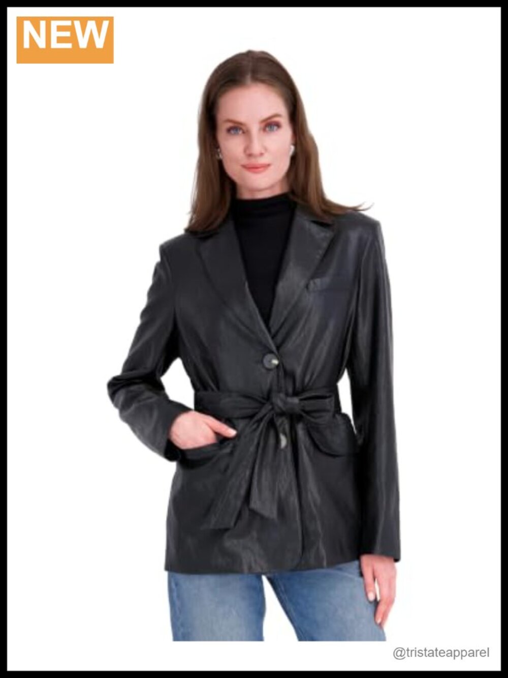 Faux Leather Blazer Jacket Tailored Fit with Belt Women's Suit Blazer